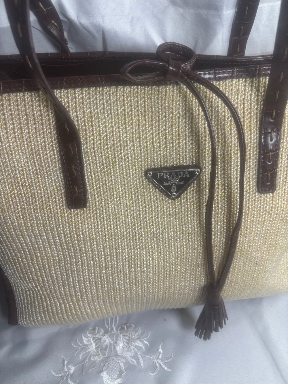 Prada Beige Straw Tote with Brown Leather Trim and Tassel